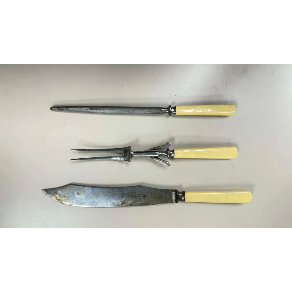 Vtg Landers Frary & Clark / Meriden Cutlery 3pc Large Carving Set Cream Handles